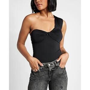 Express Medium Black One Shoulder Contour Compression Twist Front Bodysuit